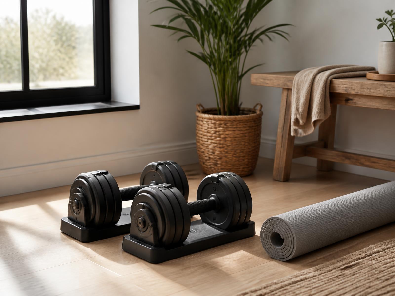 A pair of adjustable dumbbells on the floor beside a rolled exercise mat in a bright home workout corner