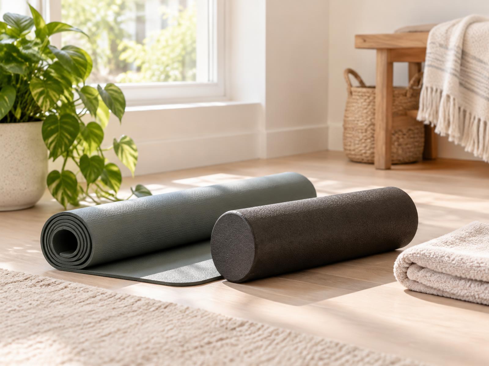 A plain foam roller resting beside a rolled exercise mat on light wood flooring in a bright home recovery corner