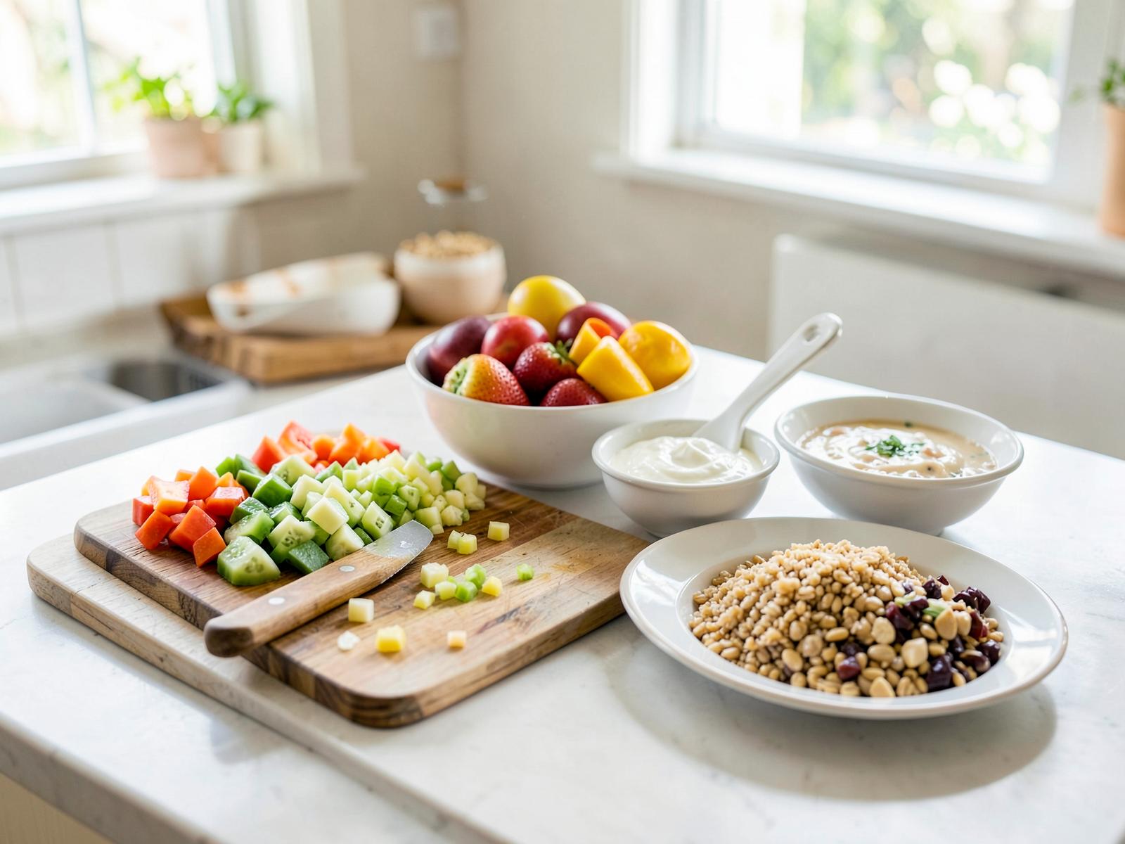 Simple everyday ingredients prepared on a bright kitchen counter