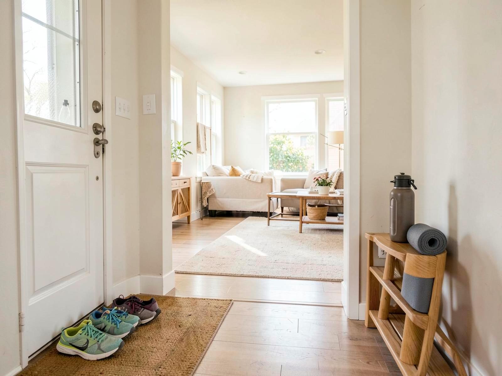 A bright home entryway with walking shoes, a water bottle, and a rolled exercise mat