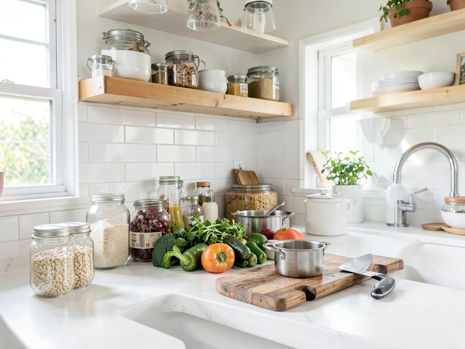 A bright kitchen counter with pantry staples, fresh produce, and simple cookware
