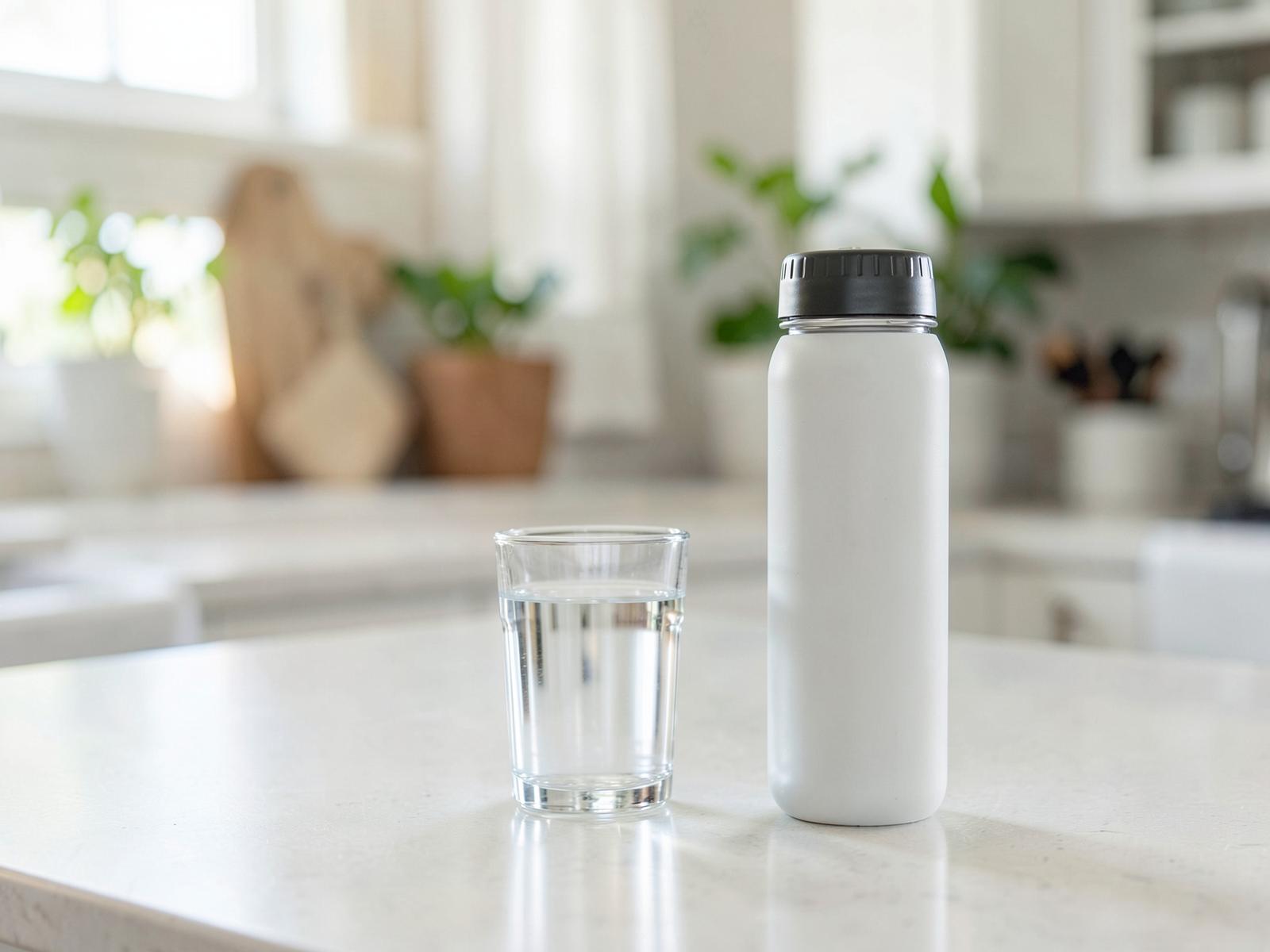 A glass of water and a reusable bottle on a bright kitchen counter