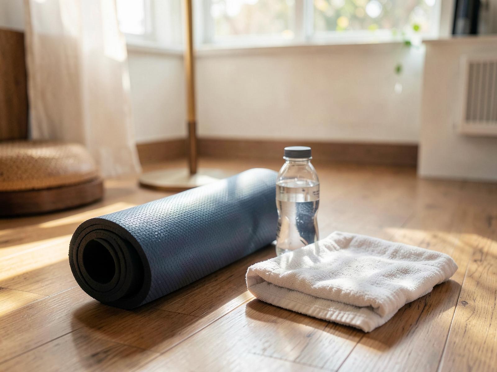 A rolled exercise mat, water bottle, and towel on a wooden floor in a quiet room