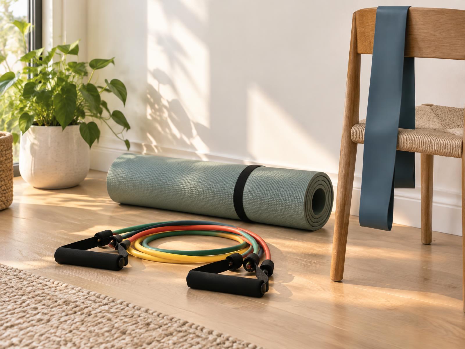 Resistance bands with handles and a long loop band beside a rolled exercise mat in a bright home workout corner