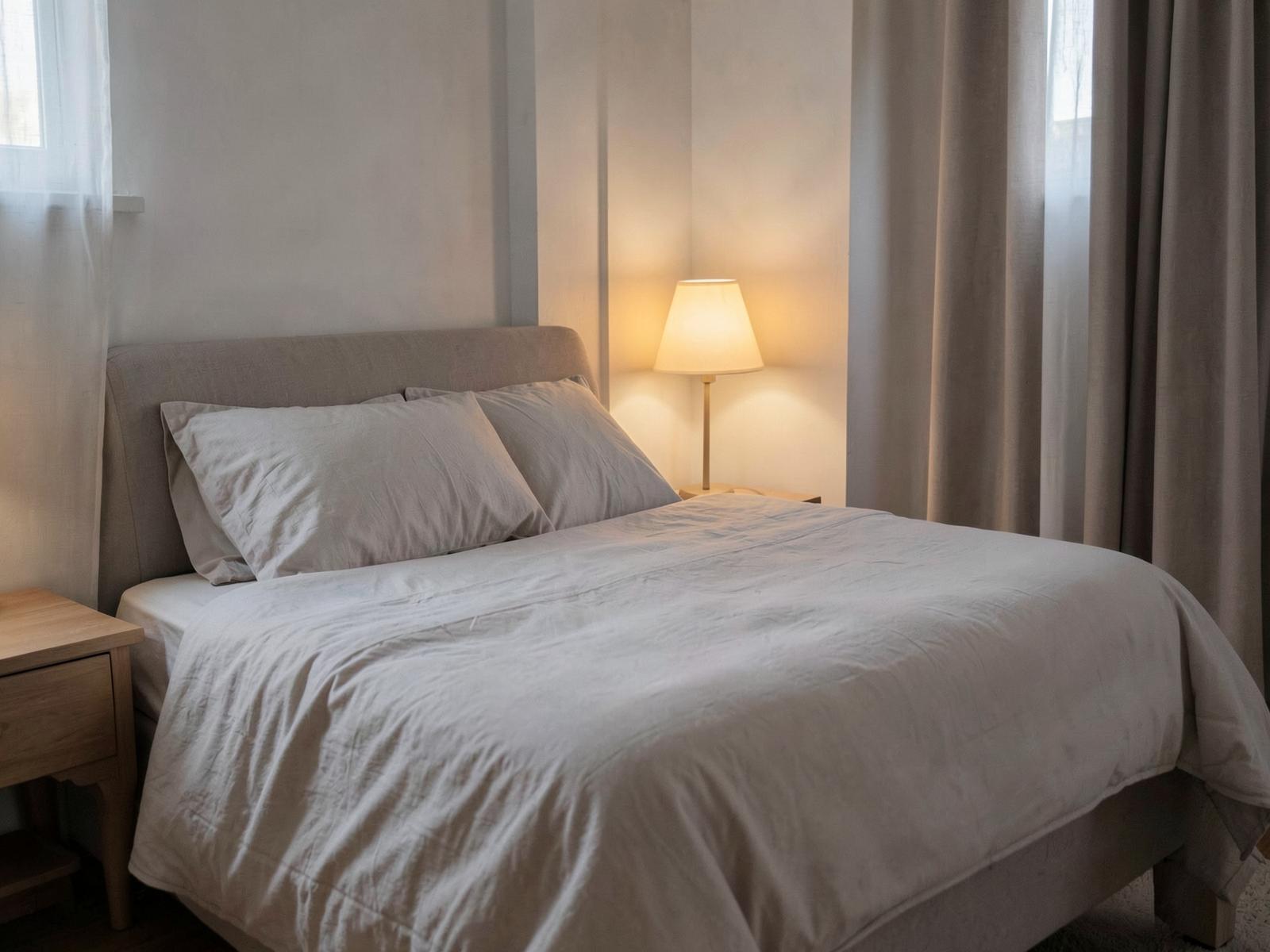 A calm, tidy bedroom in soft evening light with a warm bedside lamp