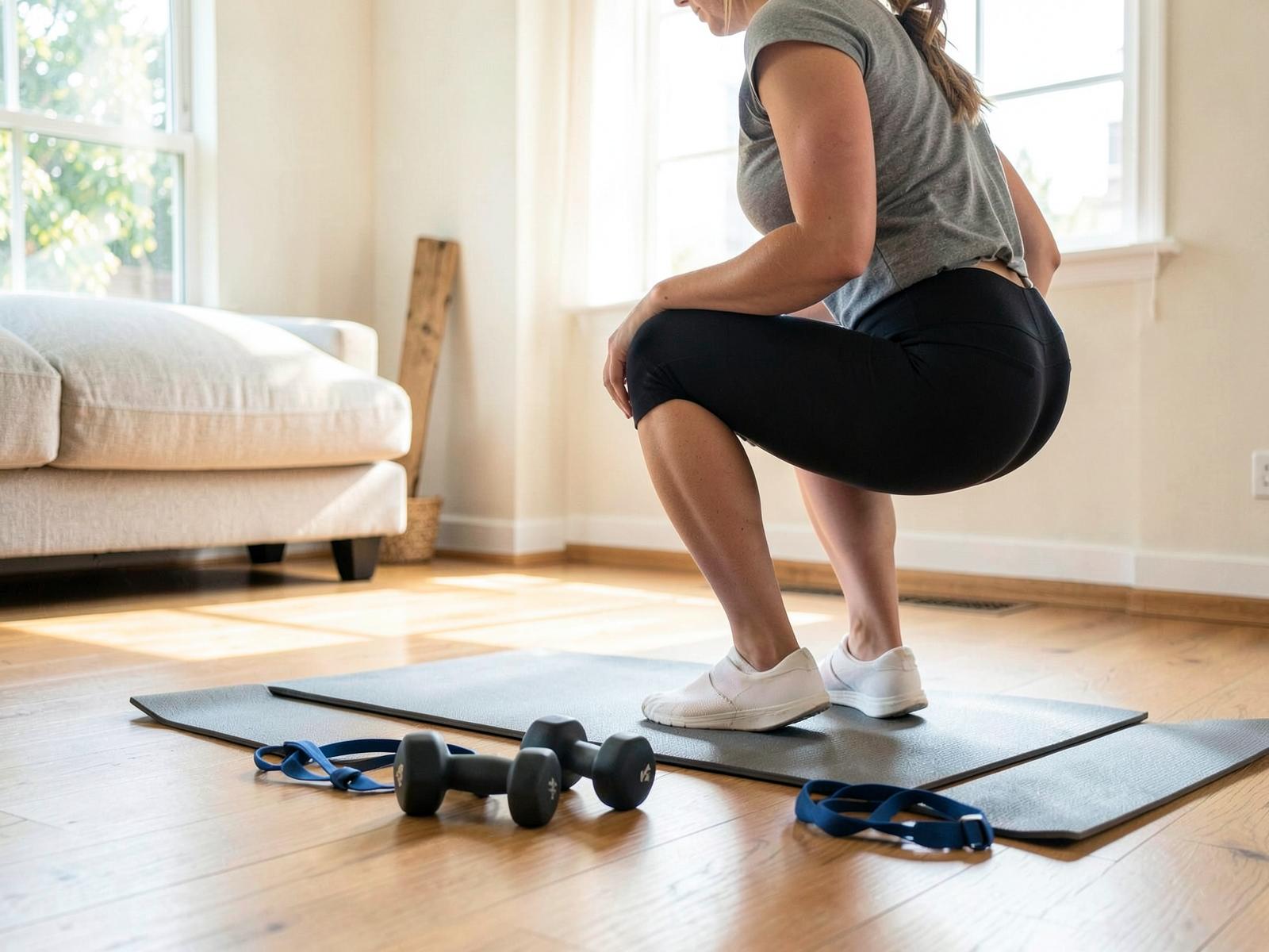 Dumbbells and a resistance band beside an exercise mat in a bright living room