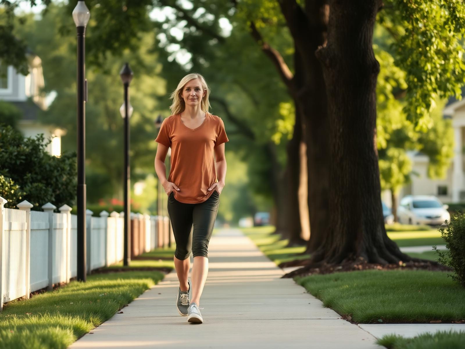 A person in casual clothes walking at a relaxed pace along a tree-lined neighborhood sidewalk in soft morning light
