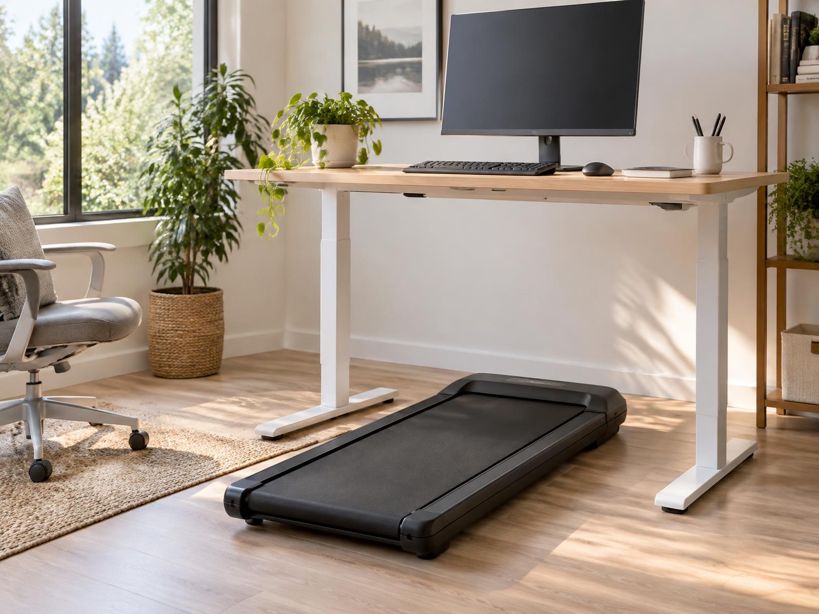 A compact walking pad on the floor beneath a standing desk in a bright home office